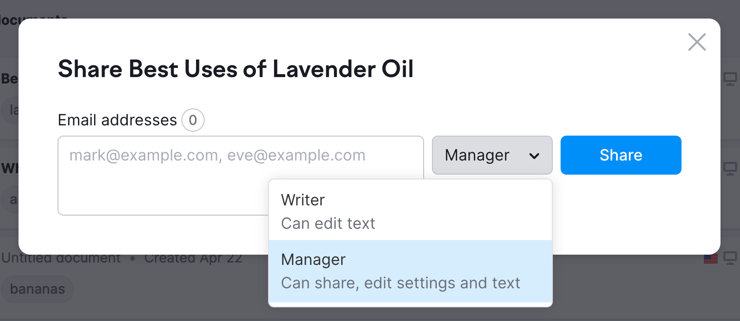 SEO Writing Assistant sharing menu: if you click the Manager button you will see two levels of access &ndash; Writer (who can edit a text) and a Manager (who can share the doc, edit settings and a text).