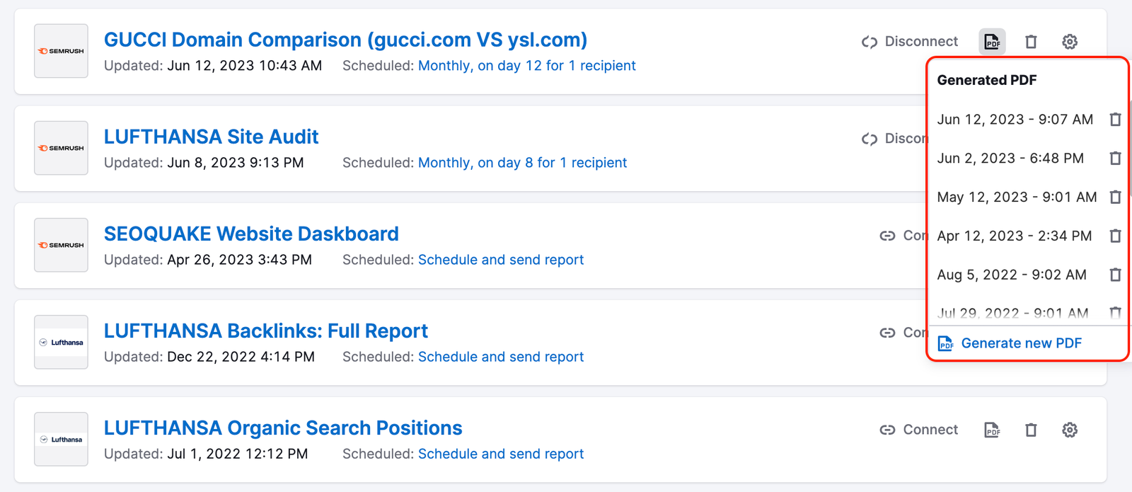 My Reports – a list of all generated reports appears when you click the "PDF" button next to a report.