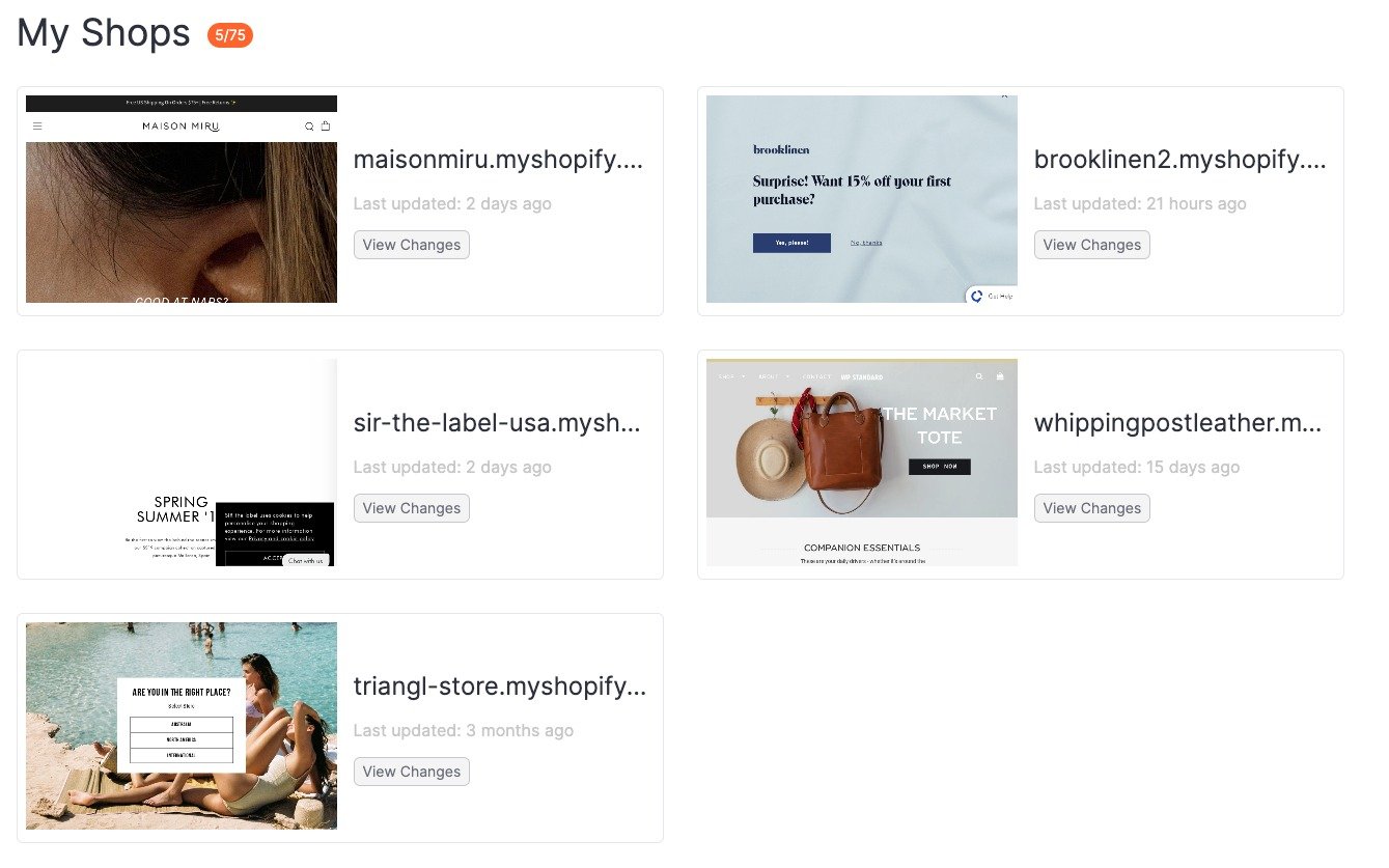 The &lsquo;My Shops&rsquo; section shows tiles with all the shops you are already tracking. The tracked shops count is displayed in orange beside the 'My Shops' header.