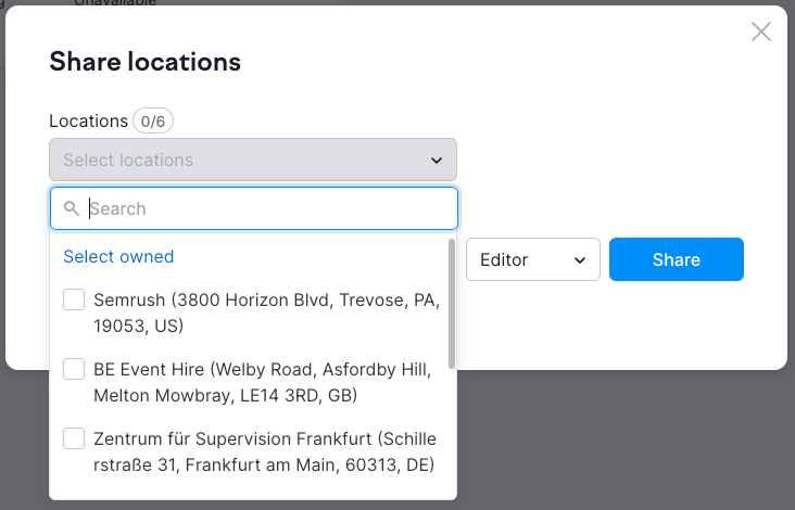At the top of the Share Locations window, the 'select location' dropdown enables you to choose which locations you want to share.