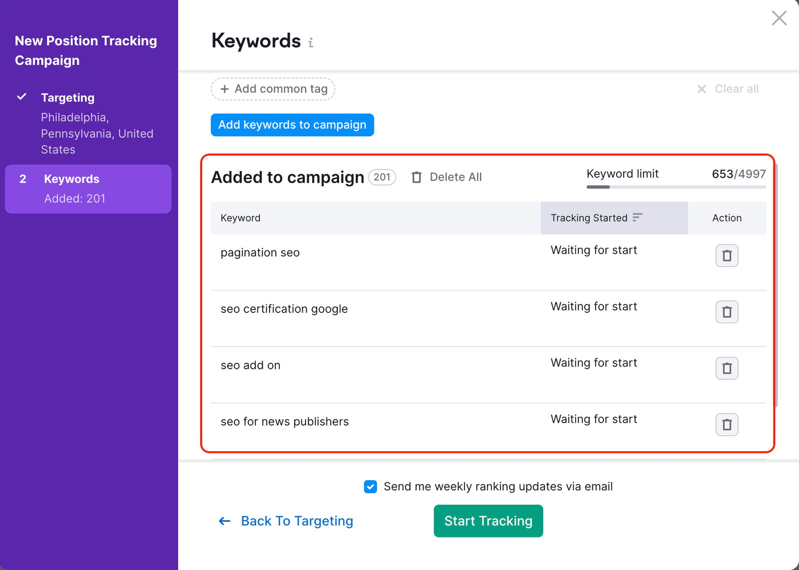 Position Tracking configuration window – Keywords. A red rectangle is highlighting the Added to campaign section.