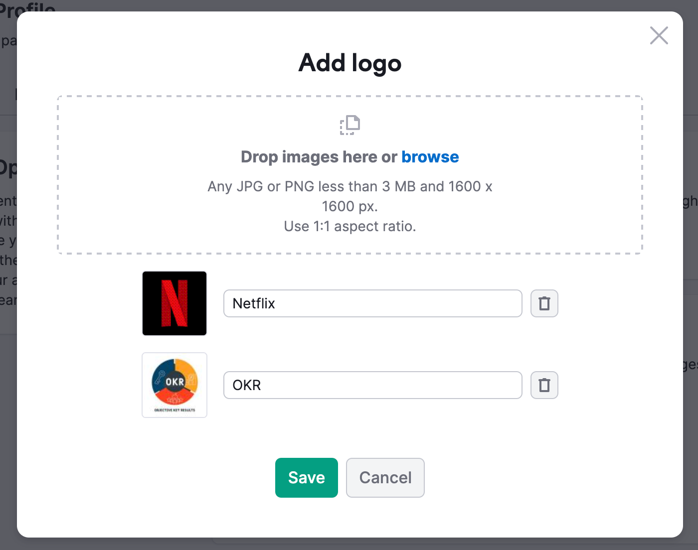 A pop-up window for adding a logo. It contains a field where you can drop an image or upload one from a device. The technical limitation explains: Any JPG or PNG less than 3MB and 1600 x 1600 px. Below the image field, there is an option to add and edit descriptions for already uploaded logos.