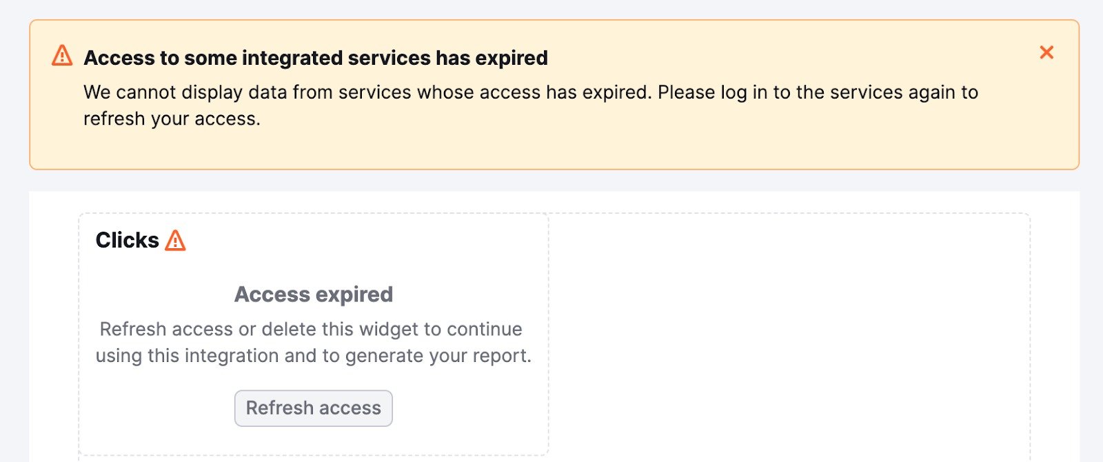 An example of the notification about expire access at the top of the report, and a widget with an exclamation mark.
