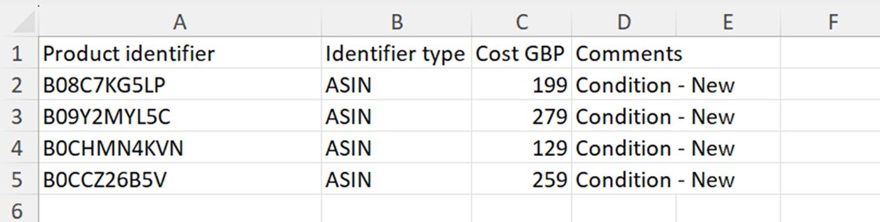 An example of a spreadsheet to use in the &lsquo;Multi Product Analysis&rsquo; feature of Product Research Pulse.