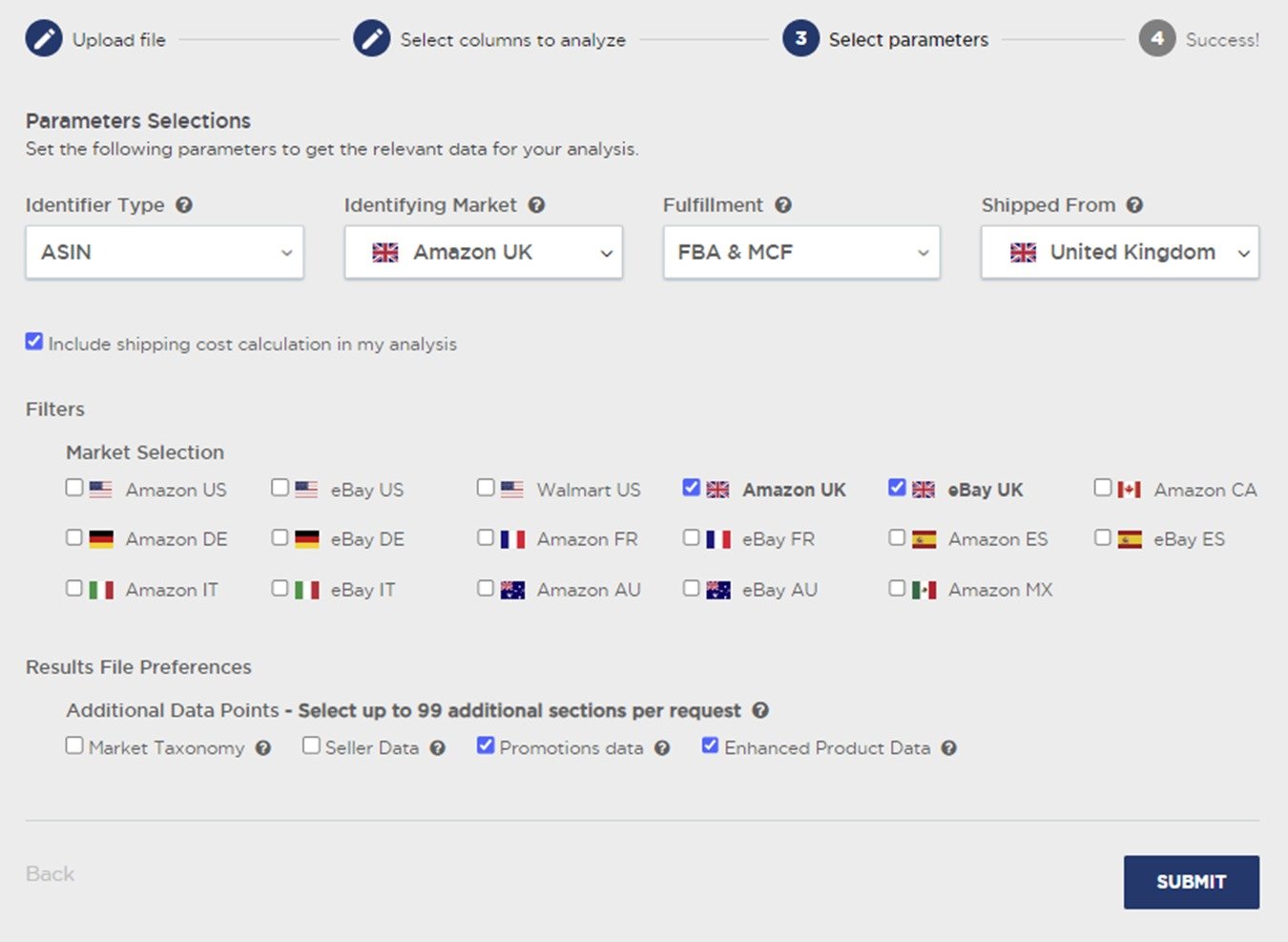 Selecting parameters in the &lsquo;Multi Product Analysis&rsquo; feature of Product Research Pulse.