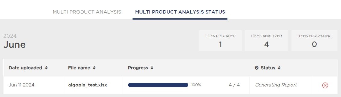 The status tab in the &lsquo;Multi Product Analysis&rsquo; feature of Product Research Pulse.