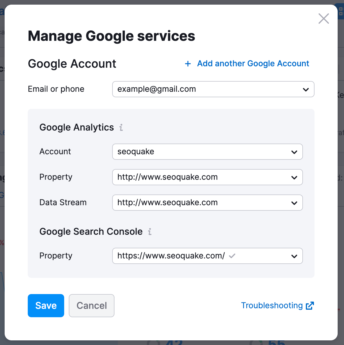 Google Analytics connection wizard with a red arrow pointing to the Folder icon next to the GA4 property. 
