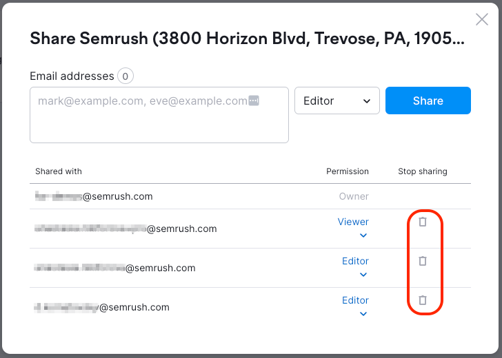 The third column of the 'shared with' list is 'stop sharing.' This column contains a trash bin icon. Click this icon to revoke access for a user.