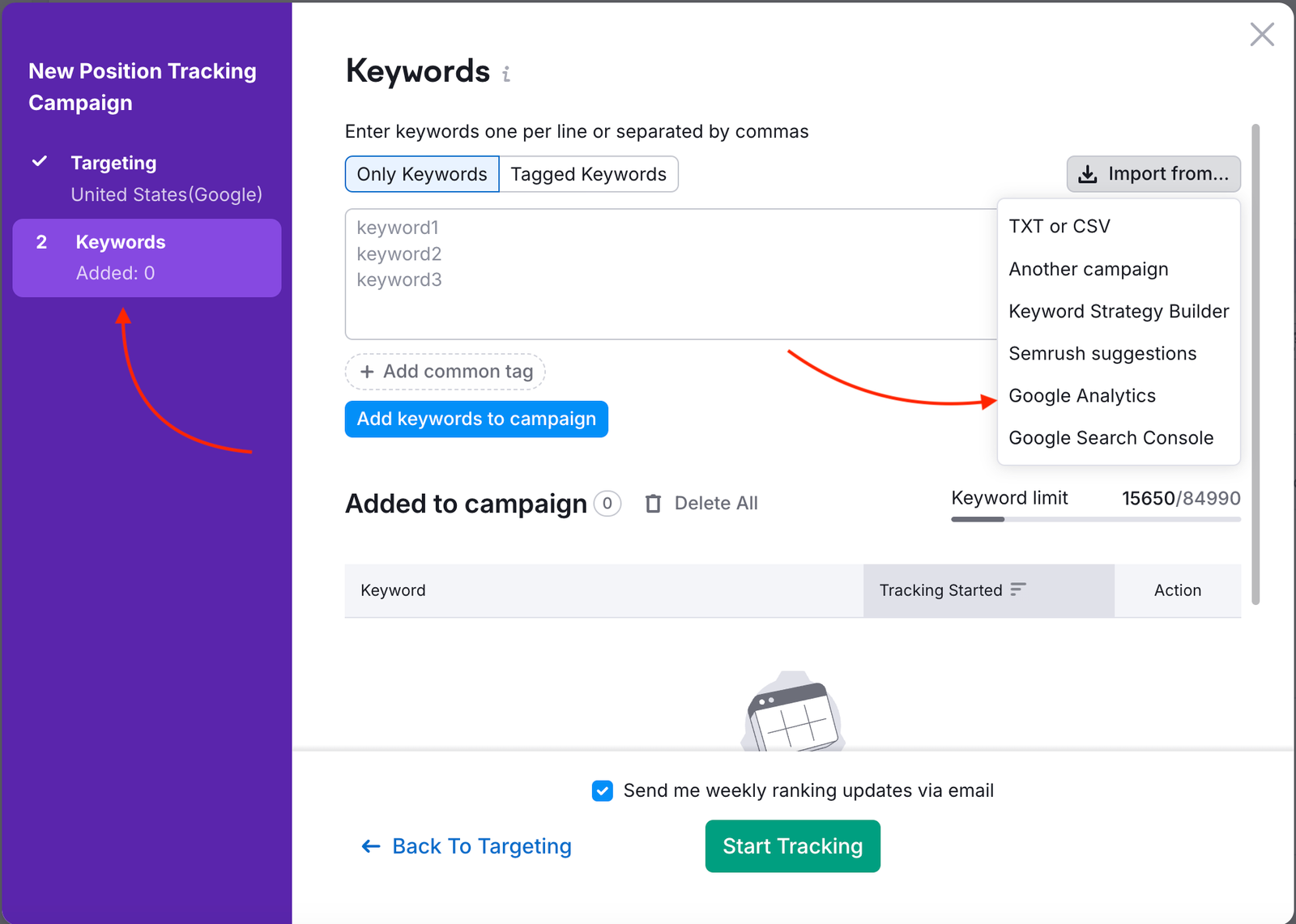 Position Tracking configuration menu Keywords section shows that you can connect a Google Analytics account by clicking the Import from button in the top-right corner and selecting Google Analytics. 