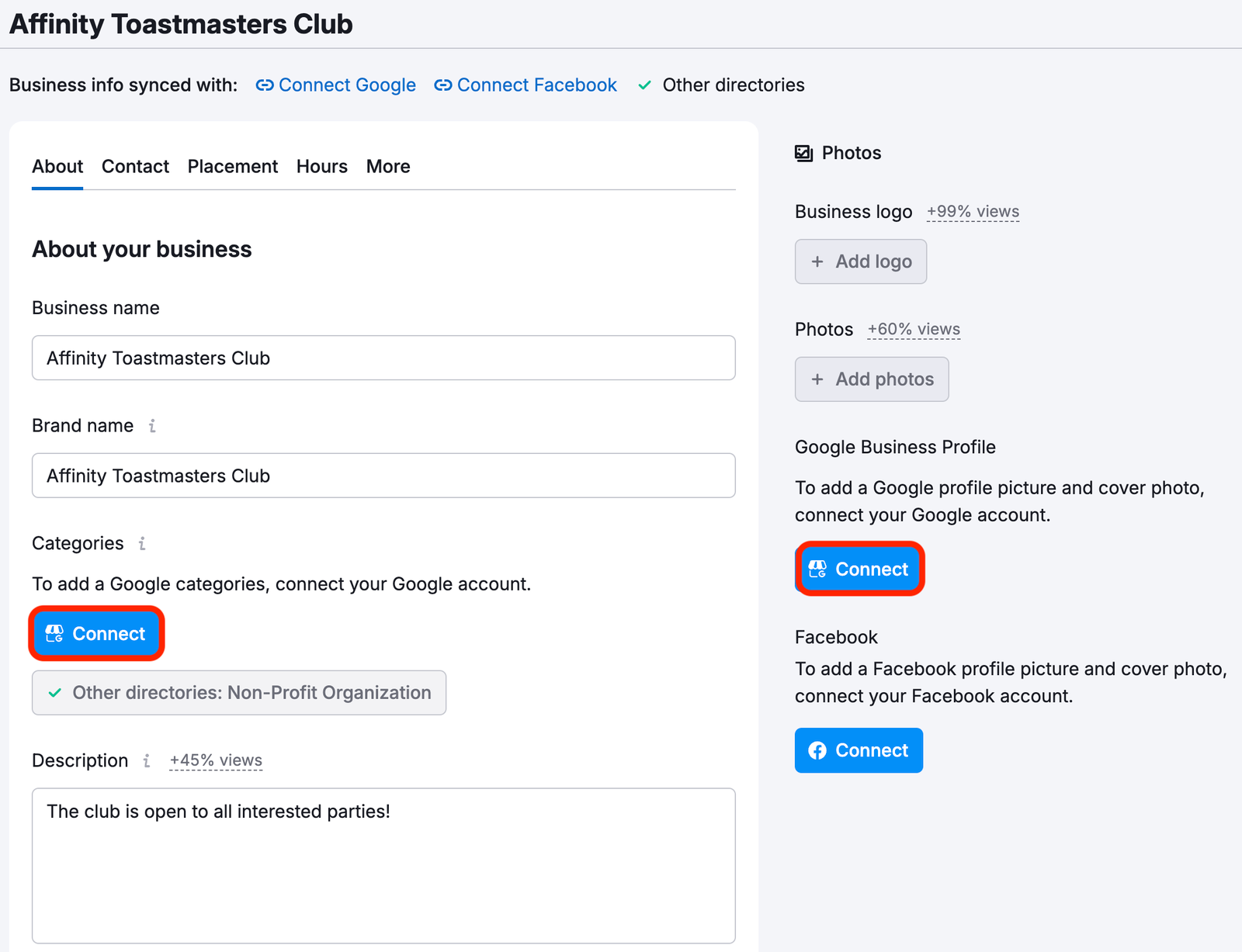 Google Business Profile information within Edit Location. 