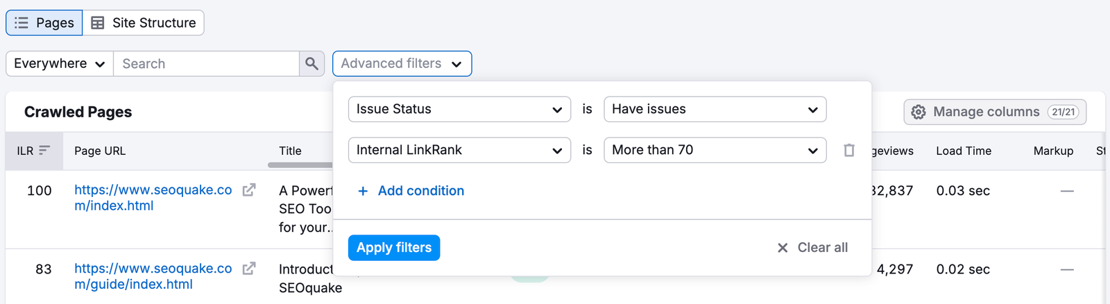 Two filters were added to the report using the advanced filters option.