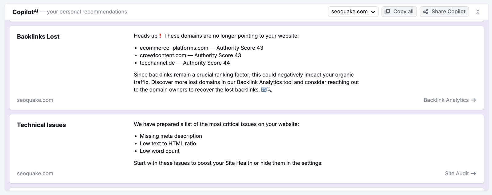 The Copilot dashboard with technical issues and recommendations linked to Site Audit. 