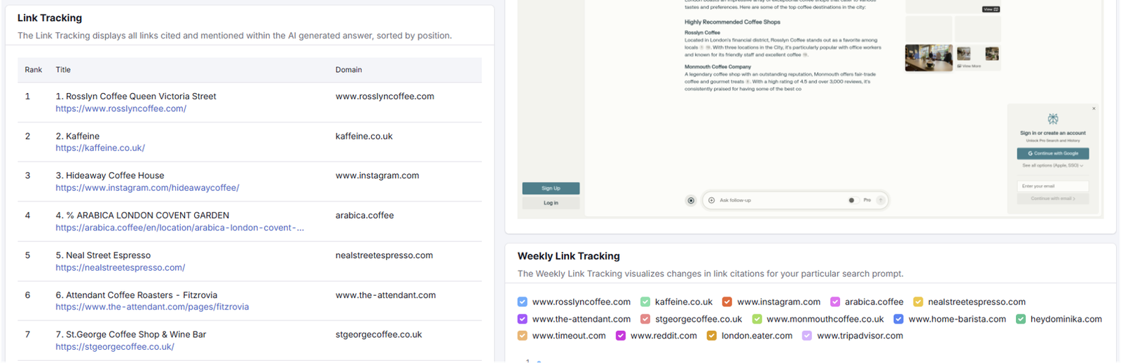 The Link Tracking section of a search prompt report in Otterly - AI Search Monitoring