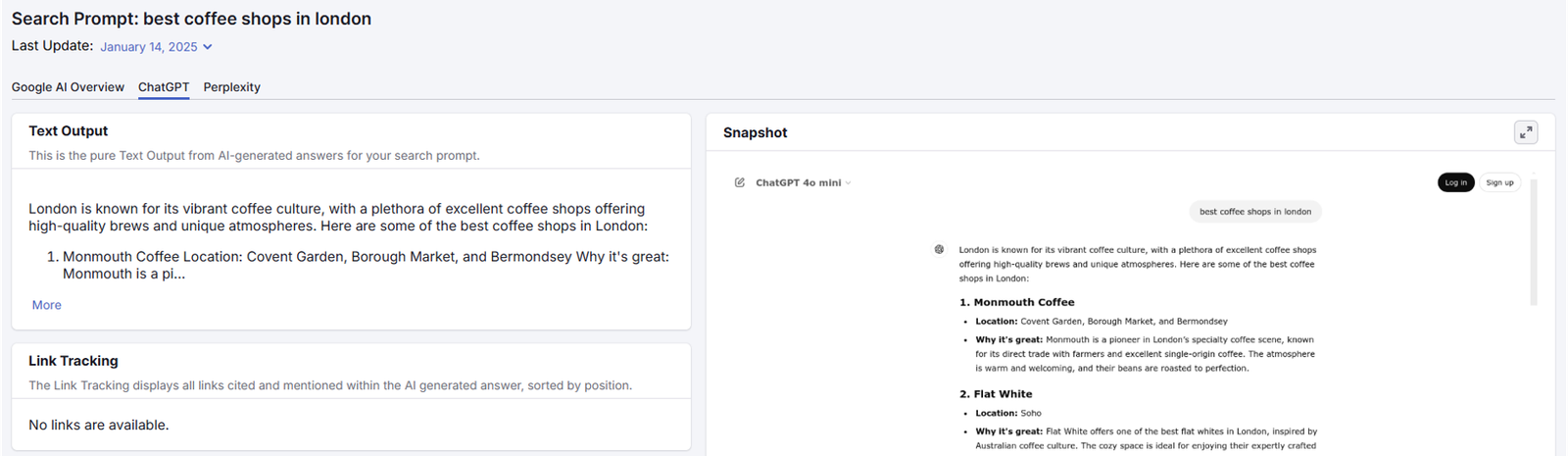 The Text Output section of a search prompt report in Otterly - AI Search Monitoring