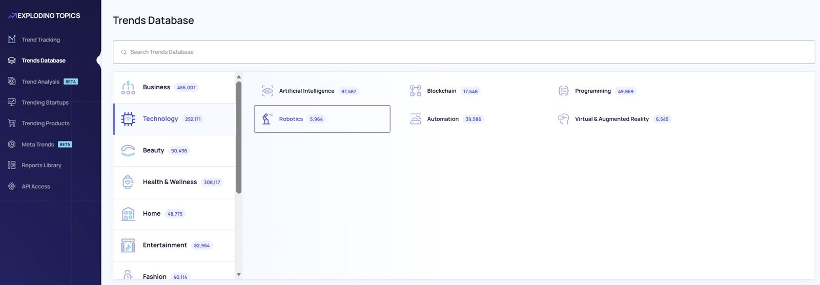 Finding topics to research in the Trends Database in Exploding Topics.