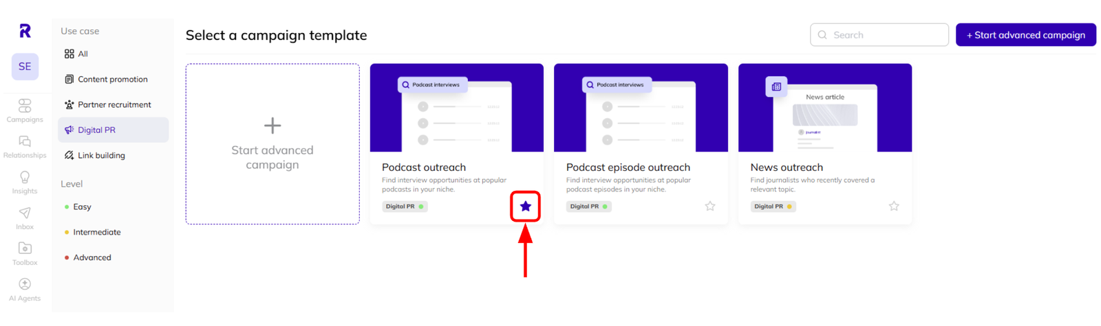 How to &lsquo;star&rsquo; a template in AI Backlink Builder.