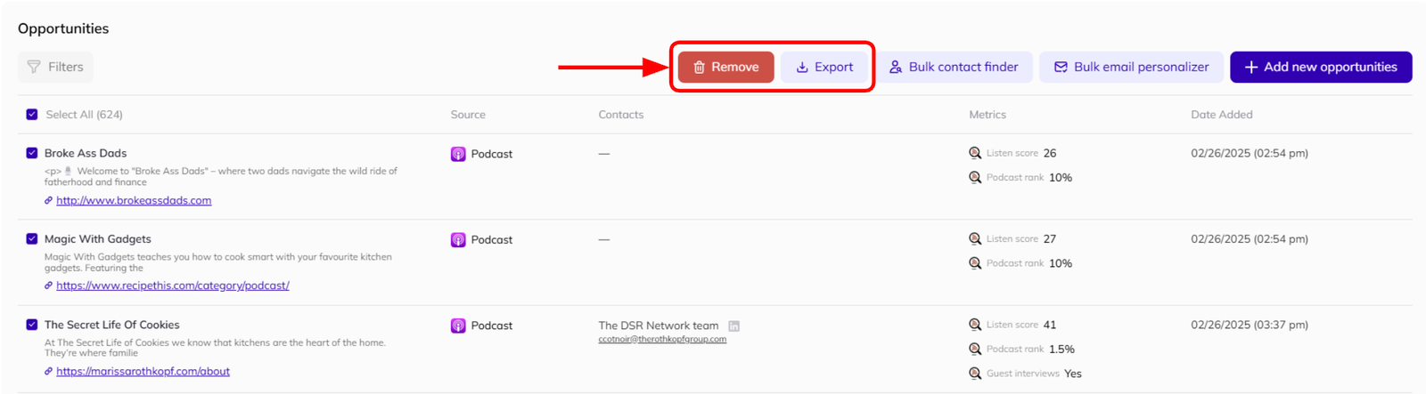 How to remove or export opportunities in AI Backlink Builder.