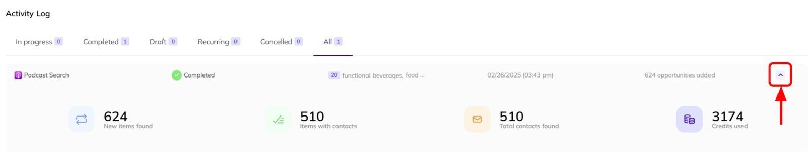 Viewing your campaign search summary in AI Backlink Builder.