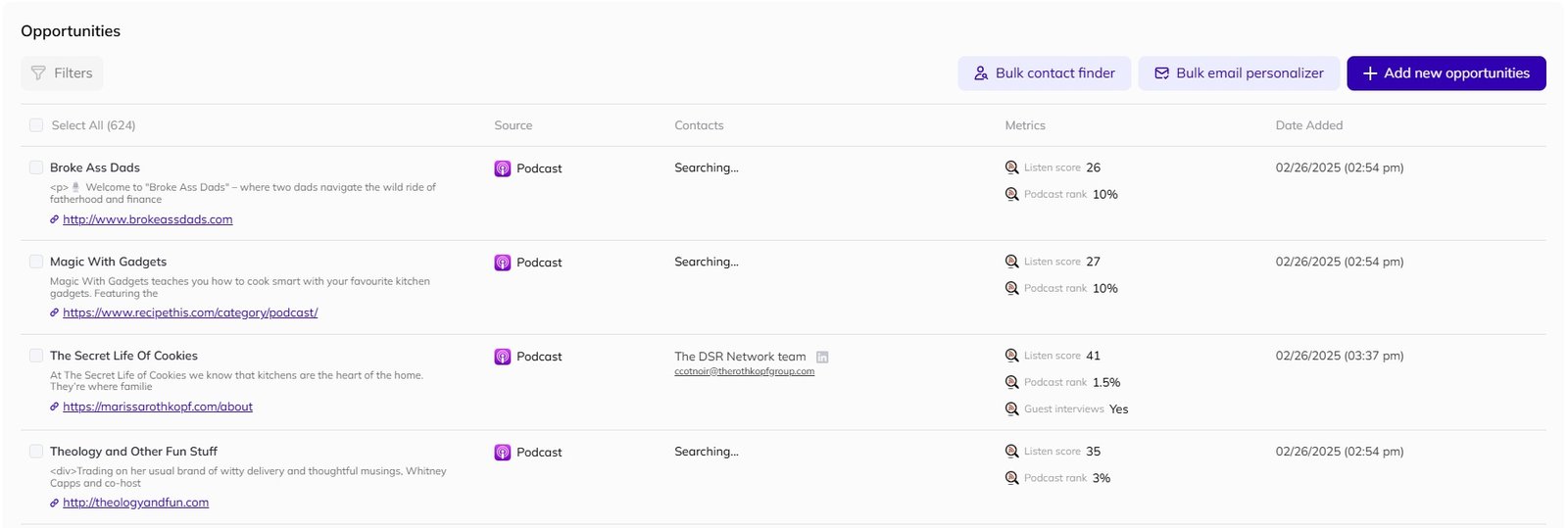 The list of opportunities found during campaign setup in AI Backlink Builder.