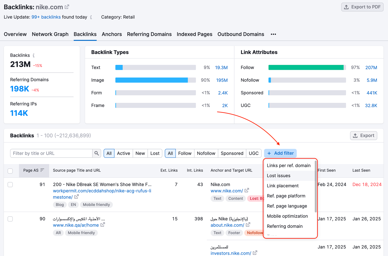 The Add filter drop-down is highlighted an the top of the Backlinks table. 