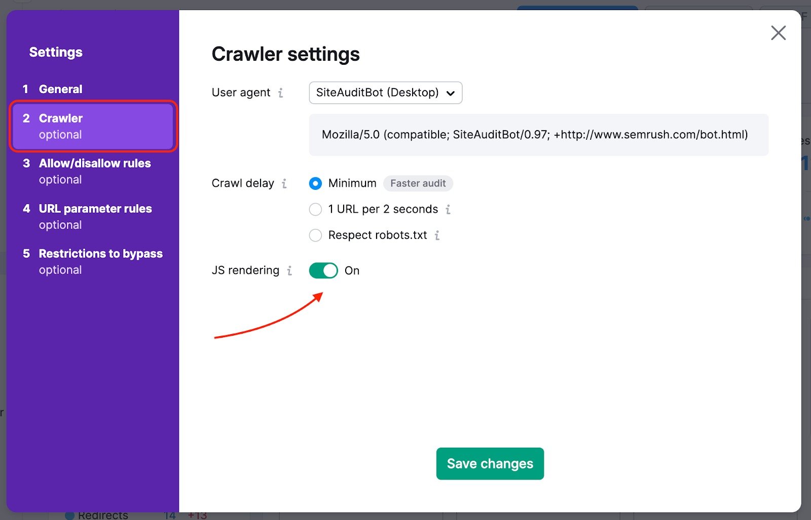 Site Audit settings window with the second tab, Crawler settings, on display. The JS rendering part, which is the last one on this tab, is highlighted to make this option easier to find.