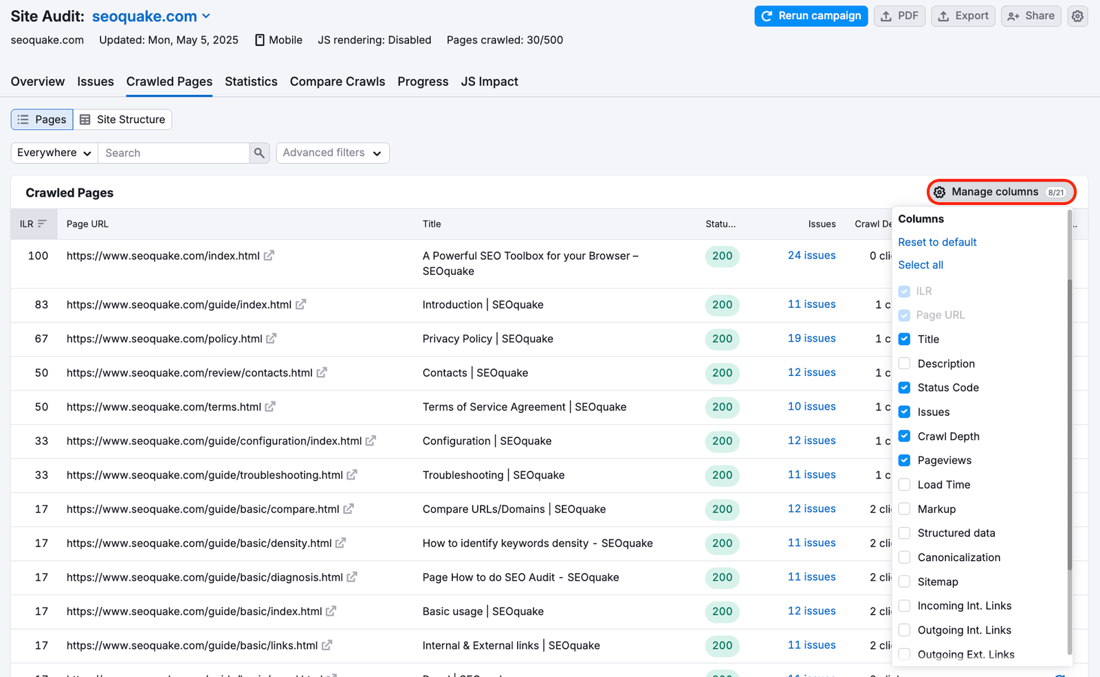 The Crawled Pages Report inside the Site Audit tool.