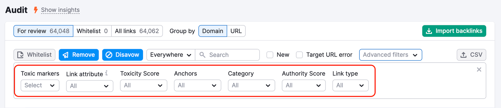 An example of what the list of Advanced filters looks like in Backlink Audit. A red arrow is pointing towards the Advanced filters dropdown menu, and the entire row of available advanced filters is highlighted separately.