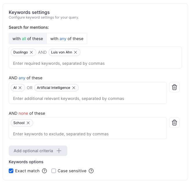 Keyword settings in Brand Monitoring with the With any of these logic operator selected, plus additional optional criteria None of these for advanced search refinement.