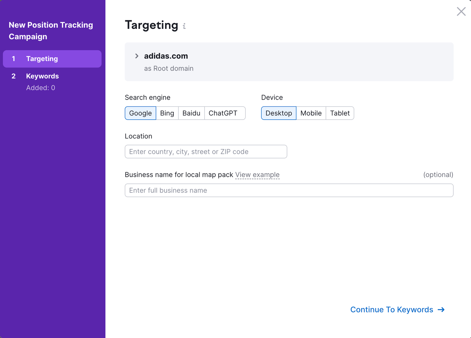 An example of the Position Tracking setup wizard.