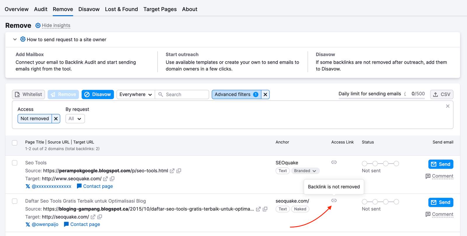 The Remove report in Backlink Audit: a red arrow is pointing to the symbol in the Access Link column and the pop-up says Backlink is not removed.