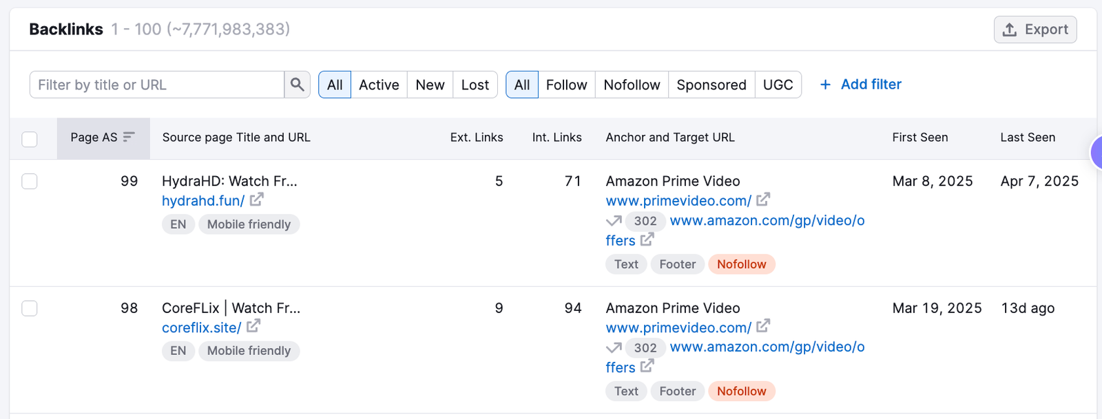 An example of the Backlinks table.