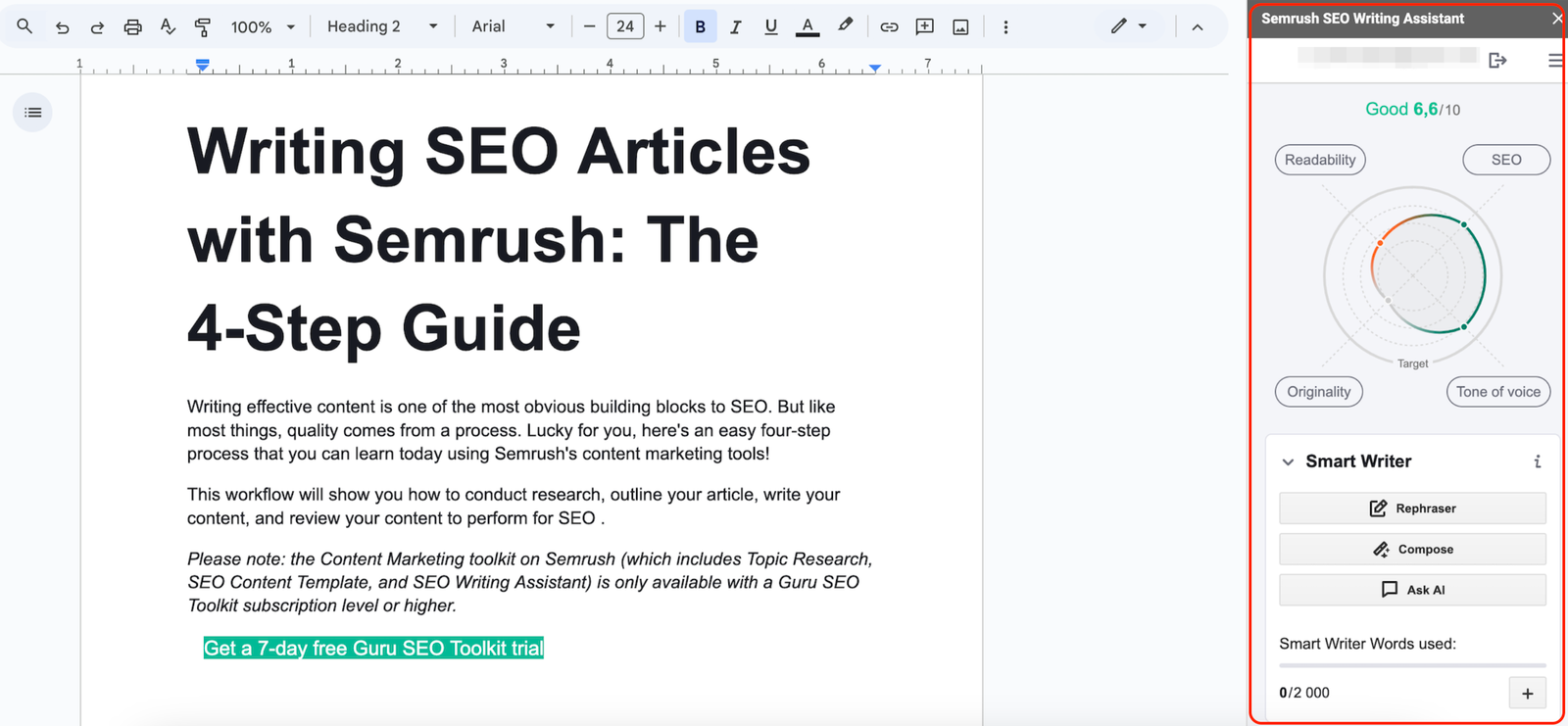 The SEO Writing Assistant tool with Google Docs. The tool showing the grading system - a score out of 10.  Below is the four categories: readability, originality, tone of voice and SEO. Below this is the Smart Writer Words section which shows the rephraser, compose, and ask AI buttons. 