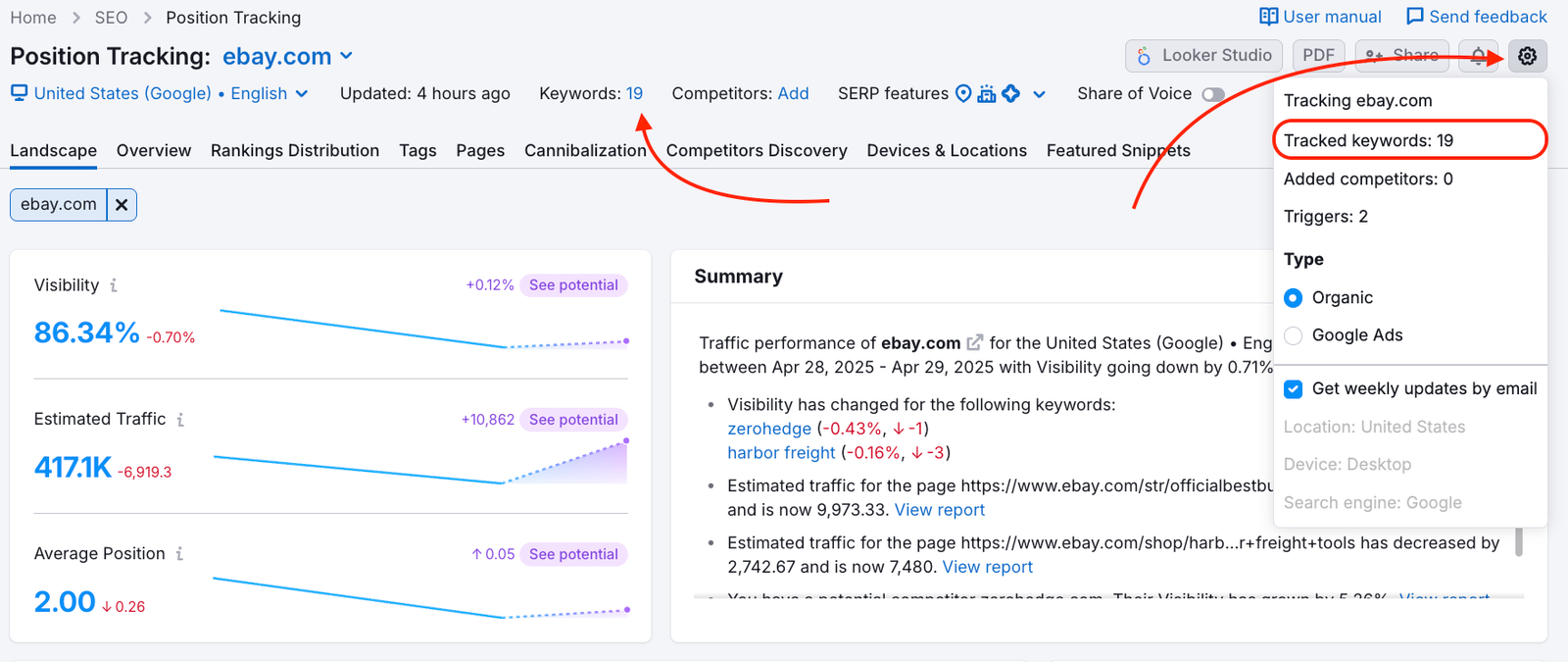 Position Tracking Overview with one red arrow pointing to the number of tracked keywords at the top of the report and another one pointing to the settings gear and a settings drop-down menu. 