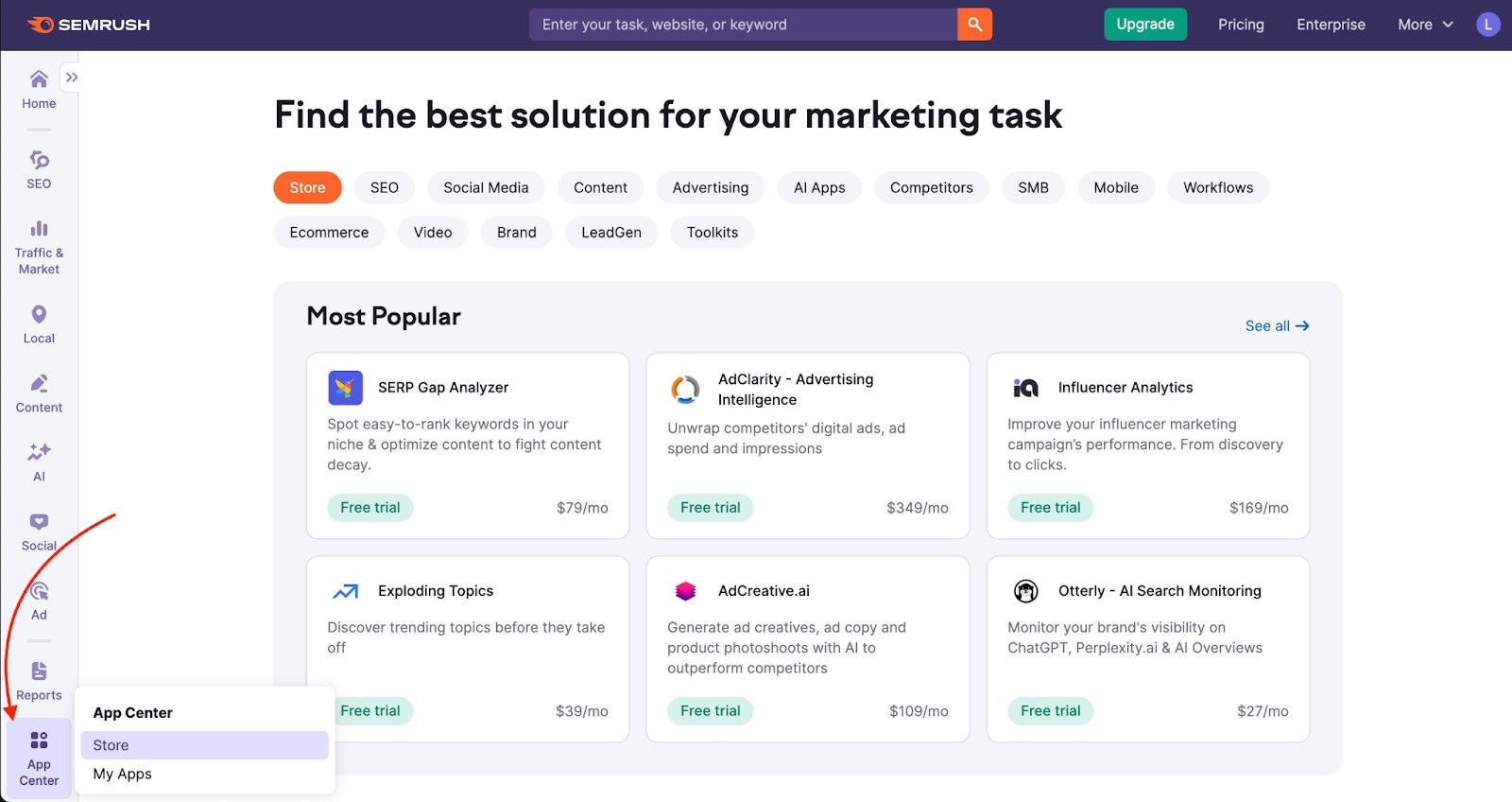 App Center is highlighted in the left-hand menu, with a hover revealing an additional menu where the Store is also highlighted.