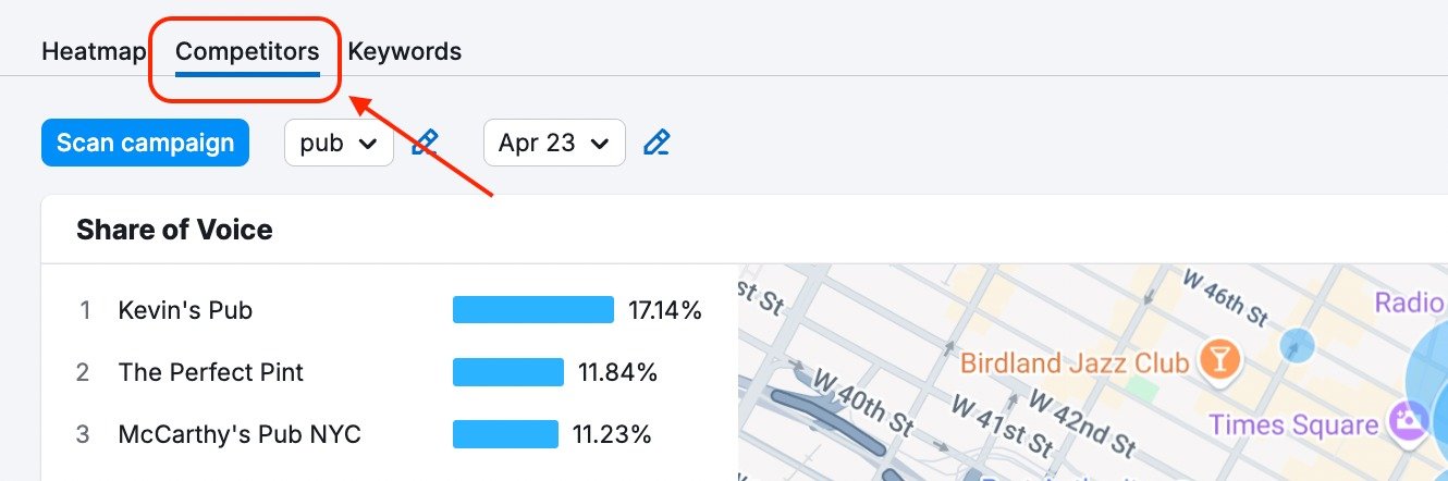 Competitors report in Map Rank Tracker open and the tab is highlighted.