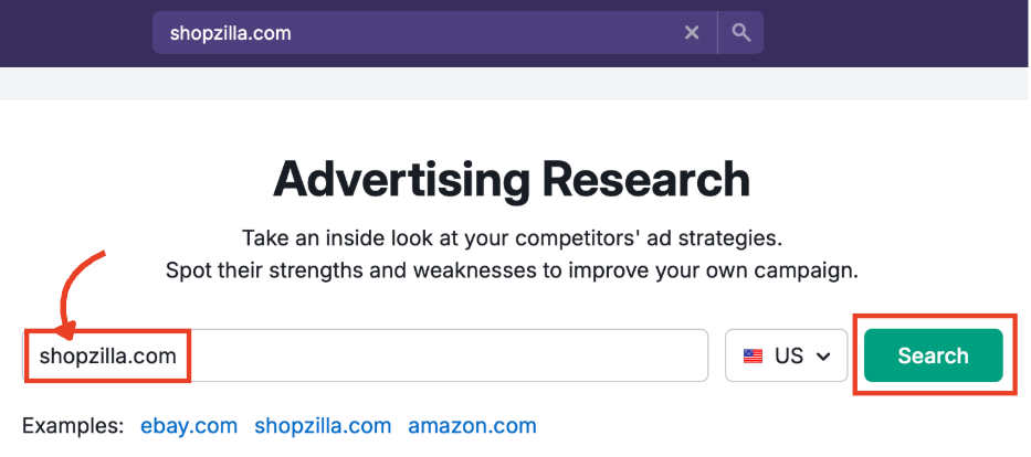 The Advertising Research search screen.