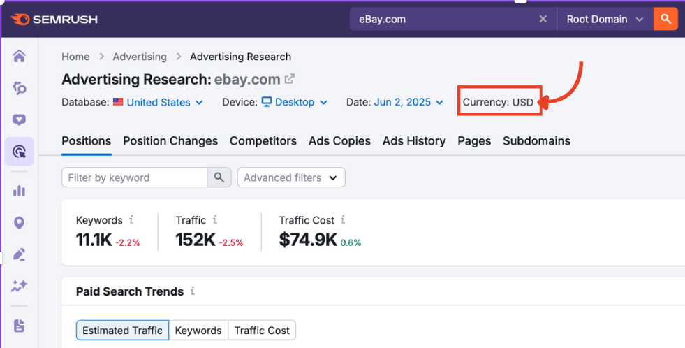 The currency indicator in Advertising Research set to USD.