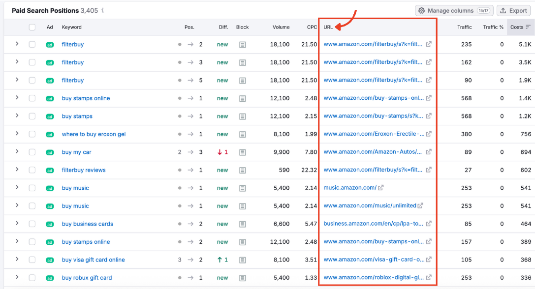 The Paid Search Positions table with the URL column highlighted.
