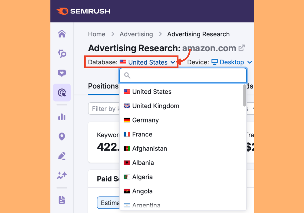 The database selector in Advertising Research showing a list of countries.
