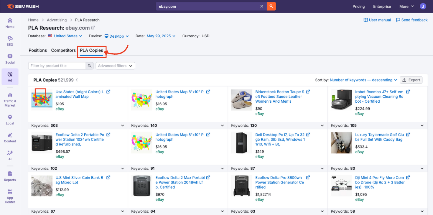 The PLA Copies tab selected, showing a grid of product ads and keyword counts.