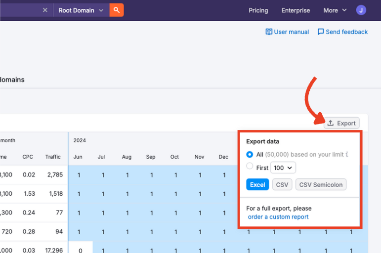 Export menu with CSV and Excel download options in the Ads History report.