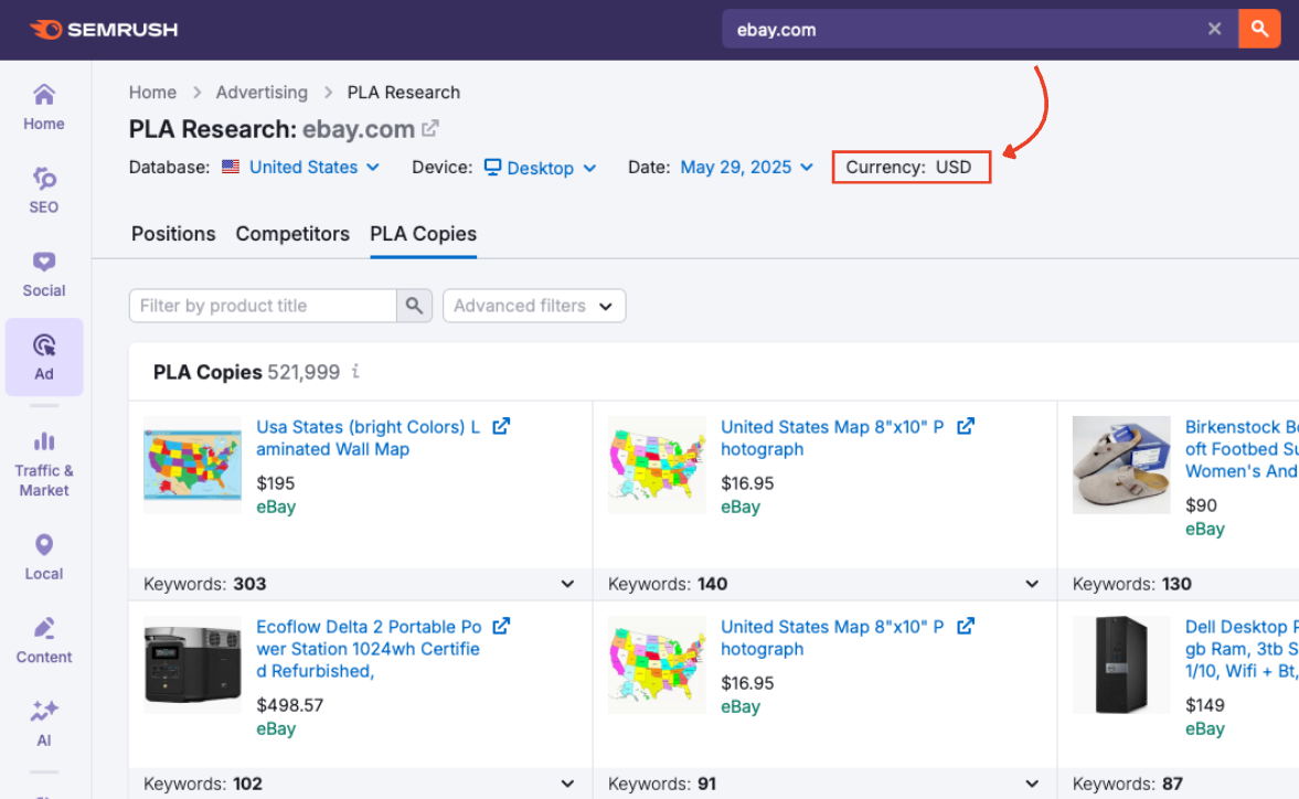 Currency display in the PLA Copies interface, currently set to USD.