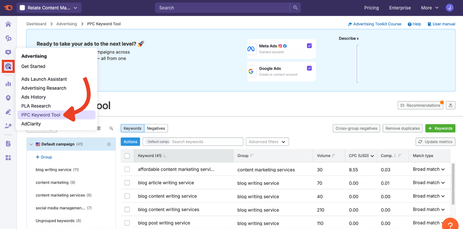 Where to access the PPC Keyword Tool from the Semrush side menu.