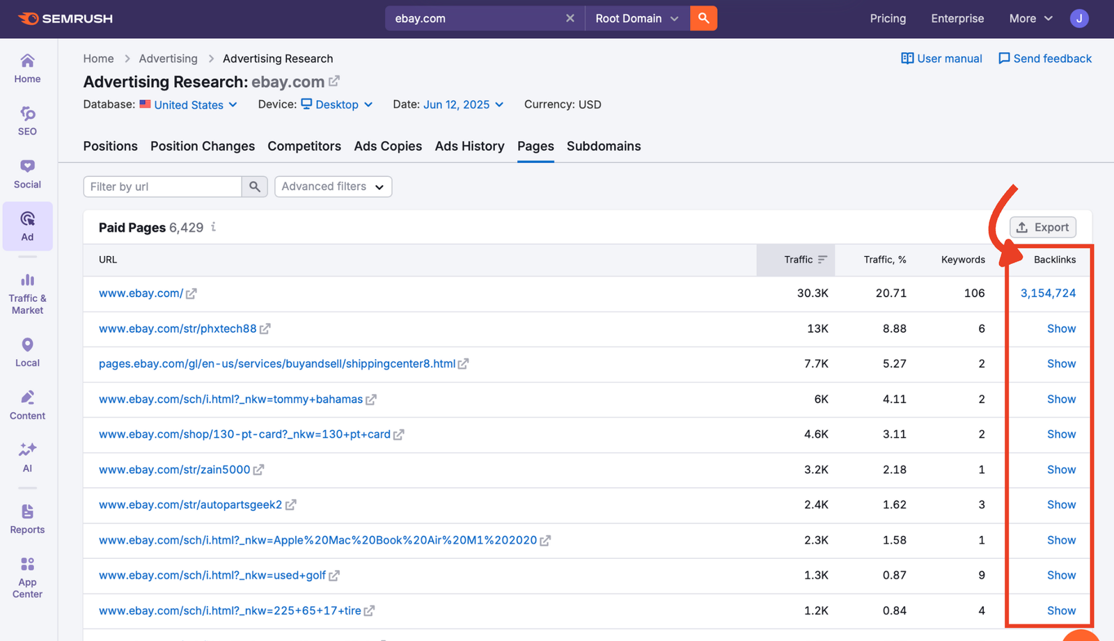 Backlinks column with clickable Show links for each page.