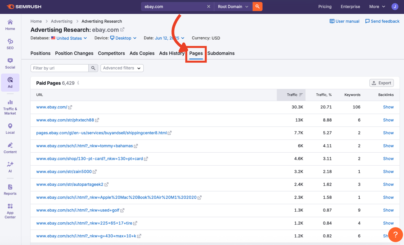 Pages tab selected in the Advertising Research interface.
