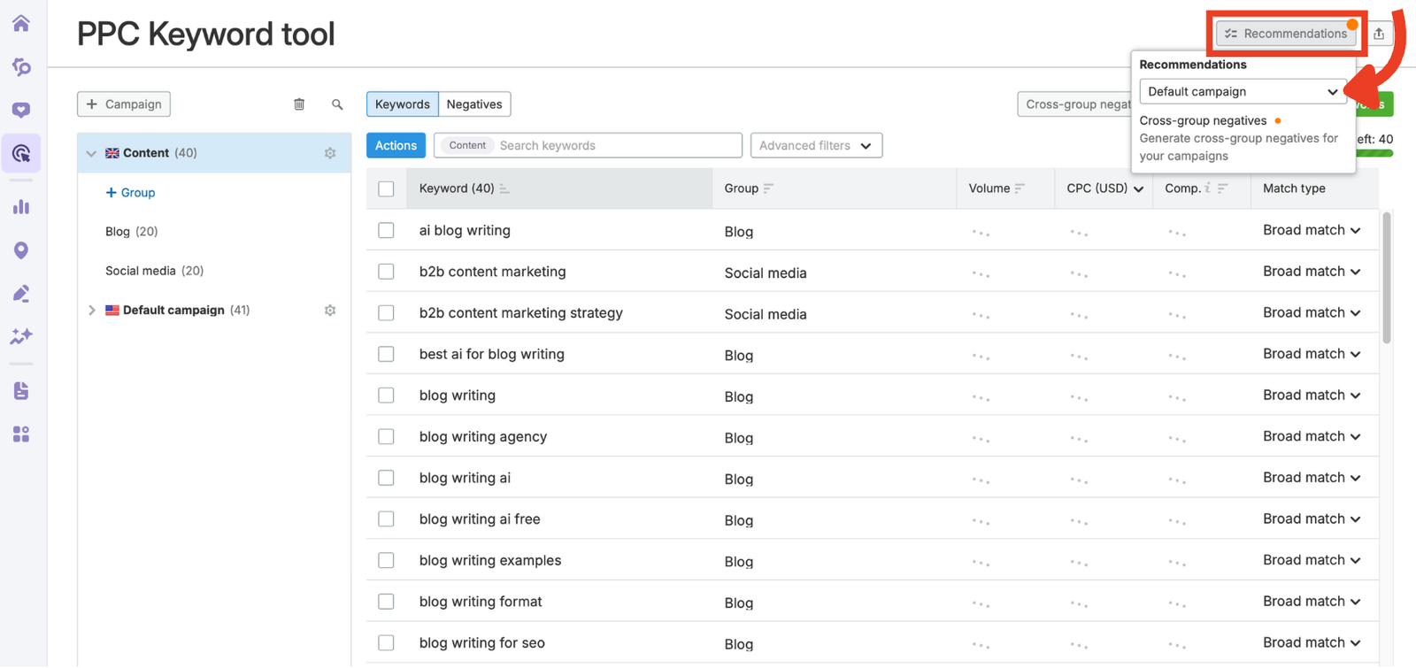 Recommendations button highlighted in the top-right corner of the PPC Keyword Tool interface.