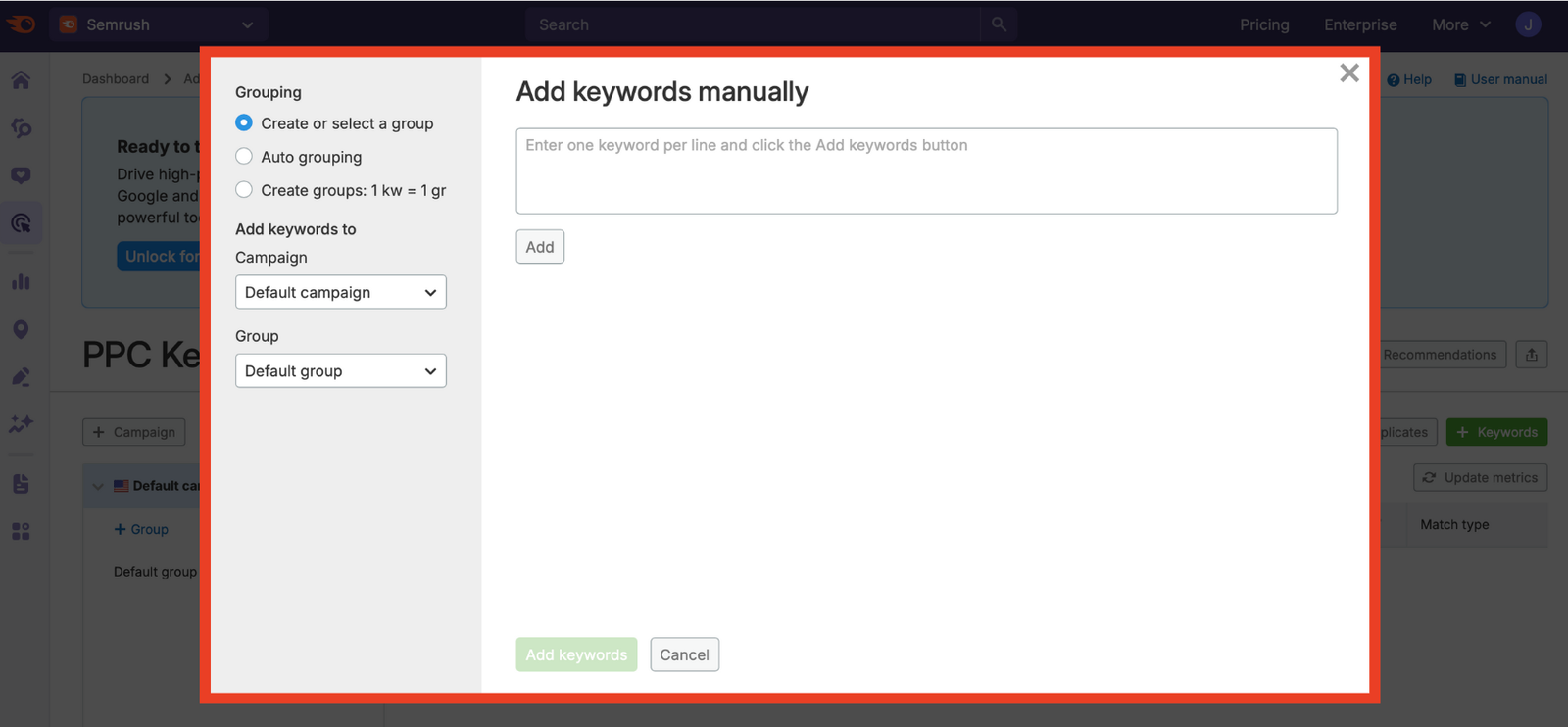 Manually adding keywords into the PPC Keyword Tool.