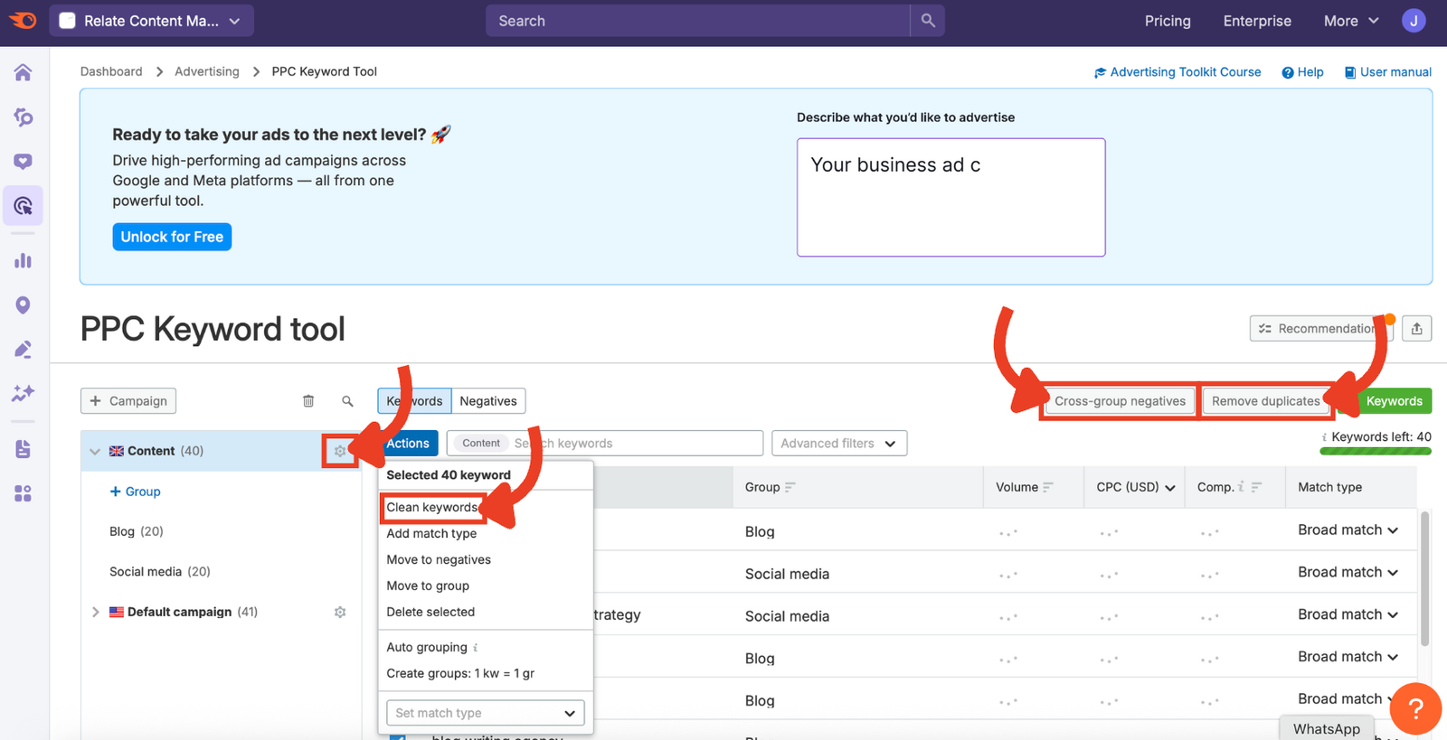 Campaign optimization options that can be accessed manually in the PPC Keyword Tool.