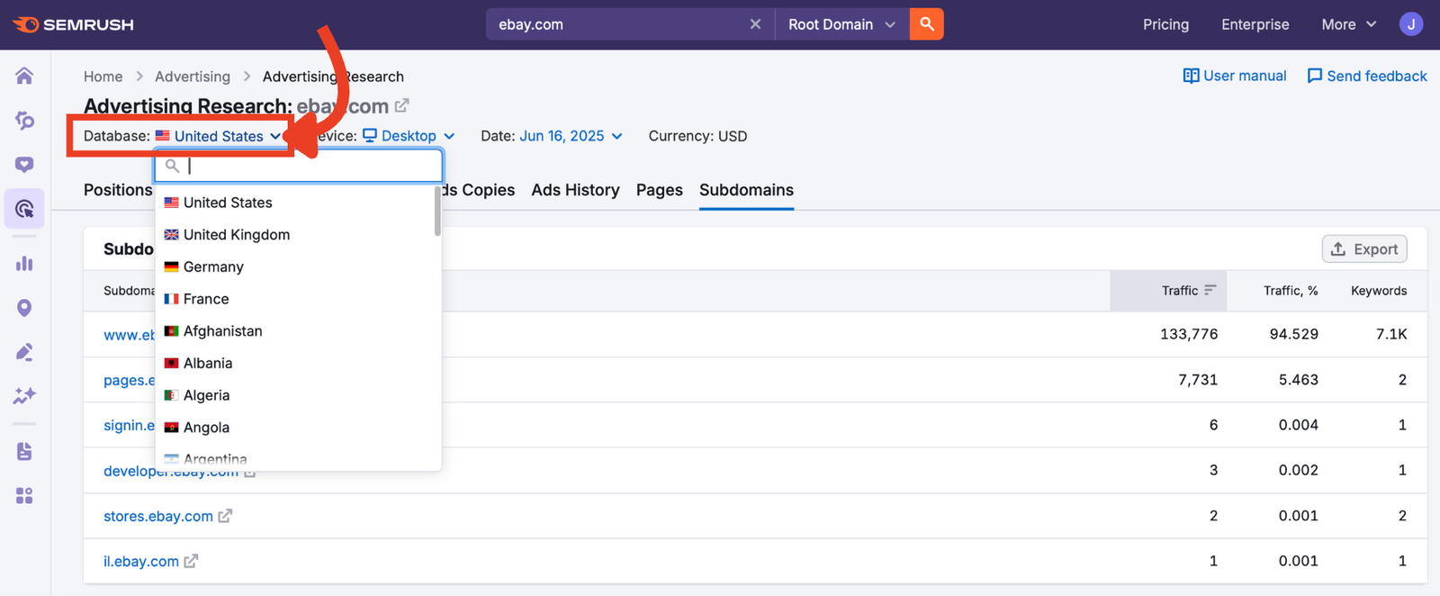  Database dropdown with United States selected.