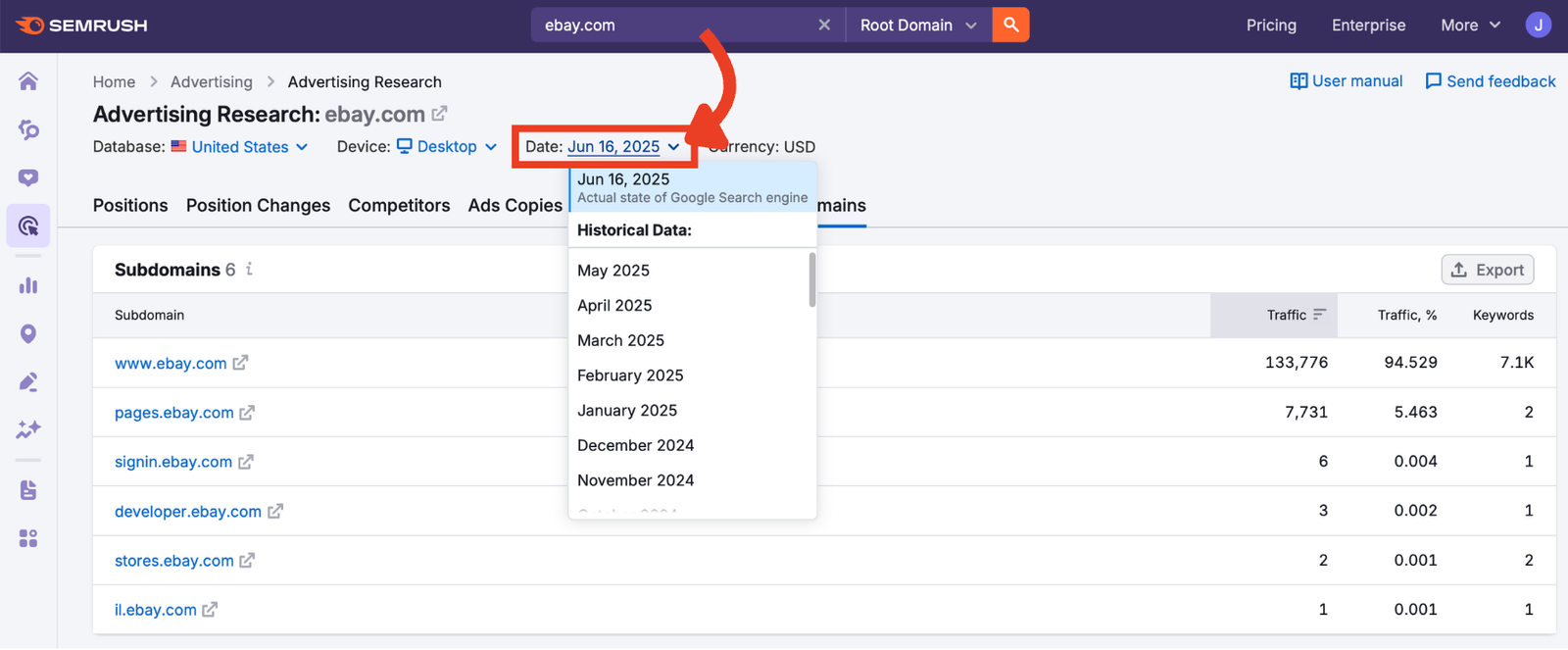 Date selector set to the Actual state of Google Search engine.